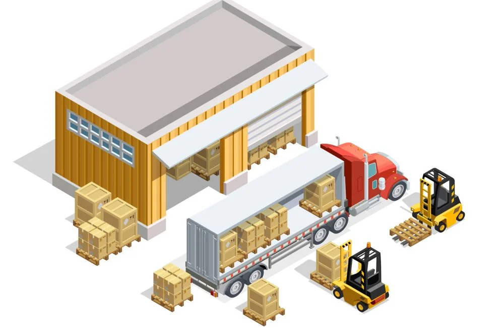 Warehouse isometric template with storage and forklifts loading cargo into truck vector illustration