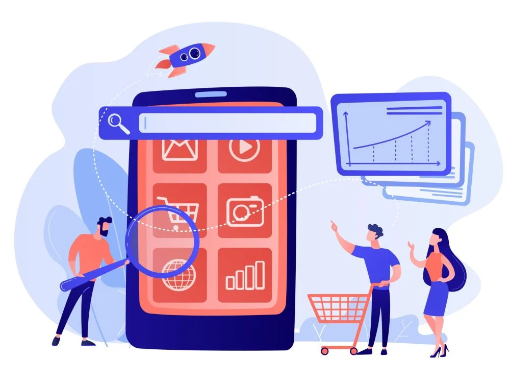 Ecommerce, internet shopping promotion campaign. Mobile media optimization, mobile SEO strategy, targeted communication channel concept. Pink coral blue vector isolated illustration