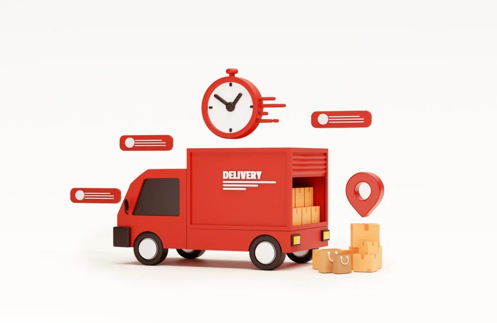 Red delivery car deliver express Shipping fast delivery truck and Pin pointer mark location and cardboard boxes with bubble chat message and clock delivery transportation logistics concept on white background 3d rendering illustration